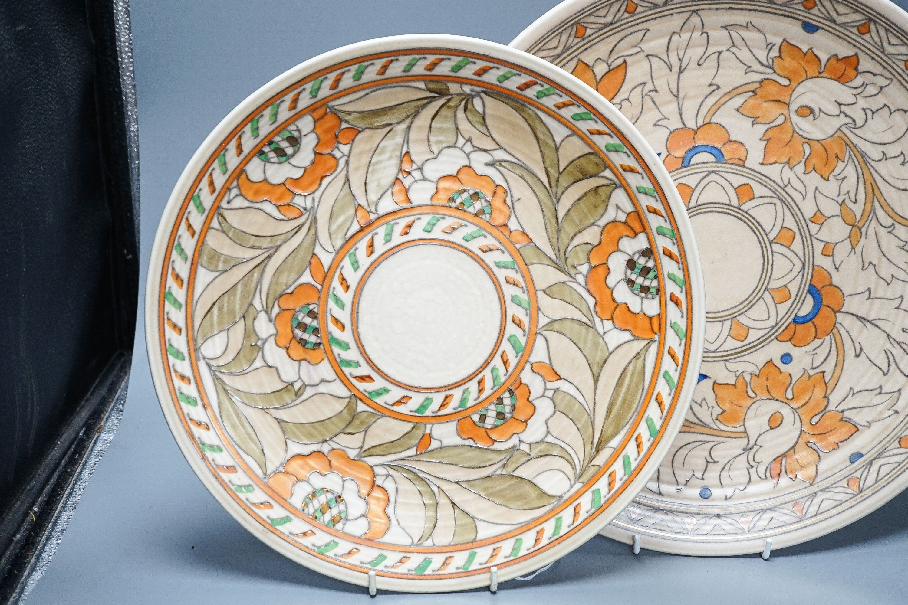 Two Charlotte Rhead Crown Ducal dishes, largest 37cm, one with artists signature